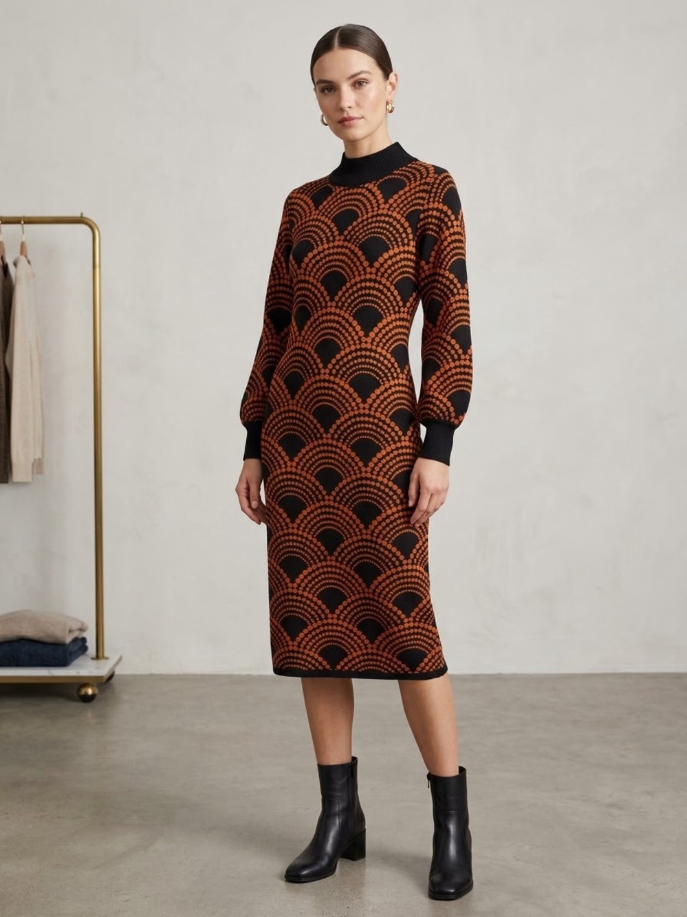 New tags Long Sleeve Black Rust Geometric print Knit Midi Dress medium stretch